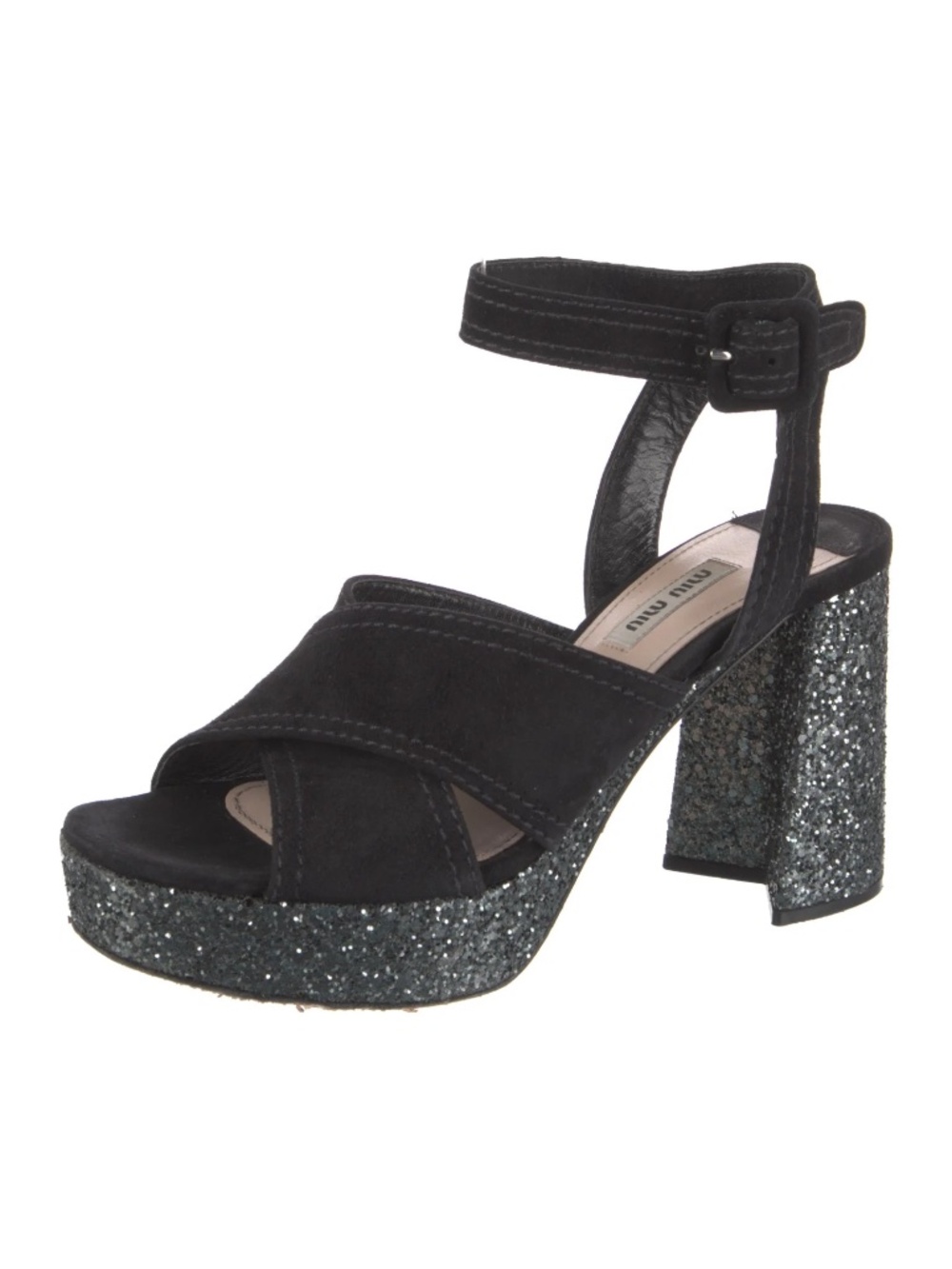 Retail $620 MIU MIU w/BOX! Black Suede Glitter Platforms 39.5 9.5